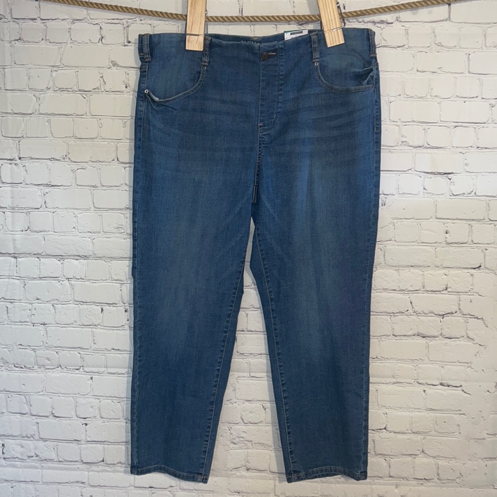16/18 Petite Time & Tru mid rise straight leg pull up jean. Faux zipper.